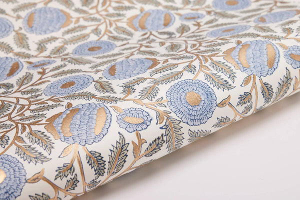 Paper Mirchi - Block Printed Wrapping Paper Sheets-Marigold Glitz BlueStone