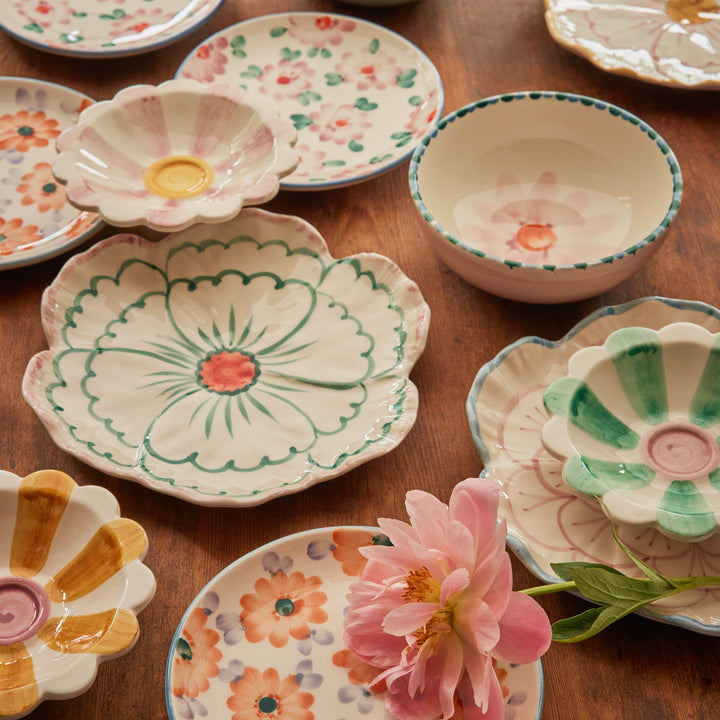 Set of 3 Ceramic Flower Dipping Bowls with Hand-painted Stripes in 3 A ...