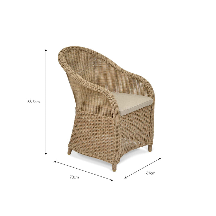 Wicker armchair with dimensions on a white background
