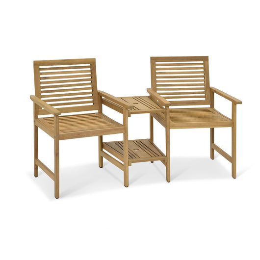 Two wooden chairs with a small table on a white background
